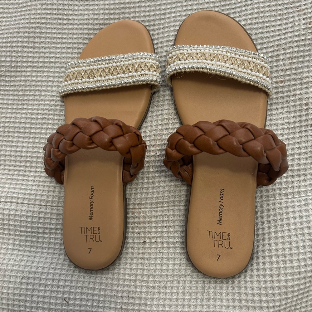 Time and Tru Brown and Tan Dual-Strap Sandals